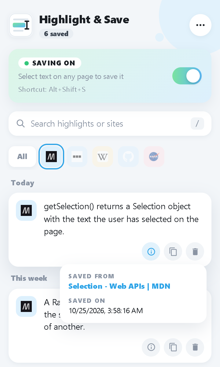 The popup filtered to one site, with the info box showing the source page and the time it was saved.