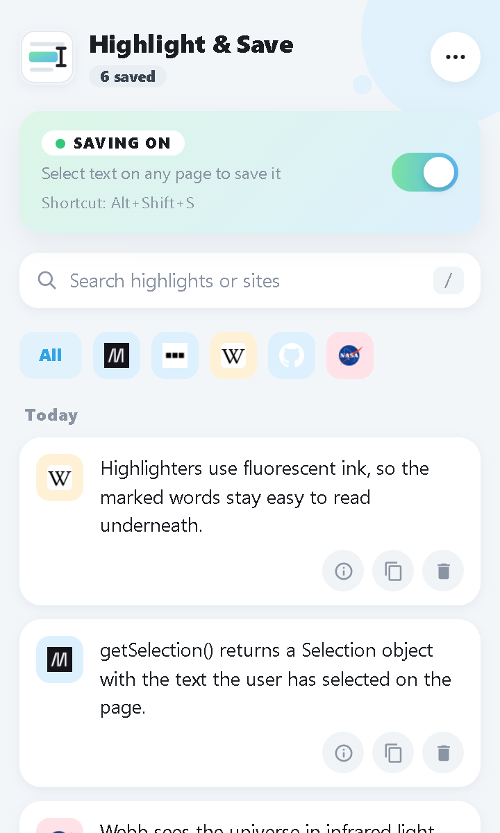 The Highlight & Save popup: saving is on, six saved highlights grouped under Today, with site icons for Wikipedia, MDN, NASA, GitHub and BBC.